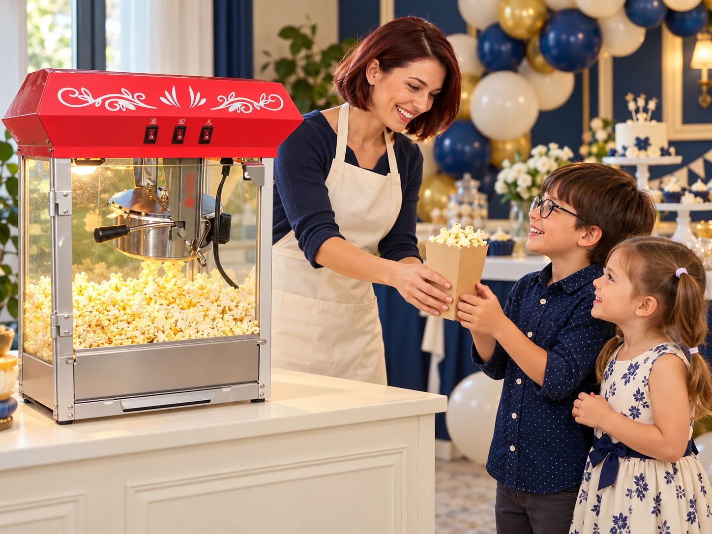 Aparat de popcorn cu plafon roșu, geamuri și corp din inox, lângă porții pregătite pentru o petrecere.
