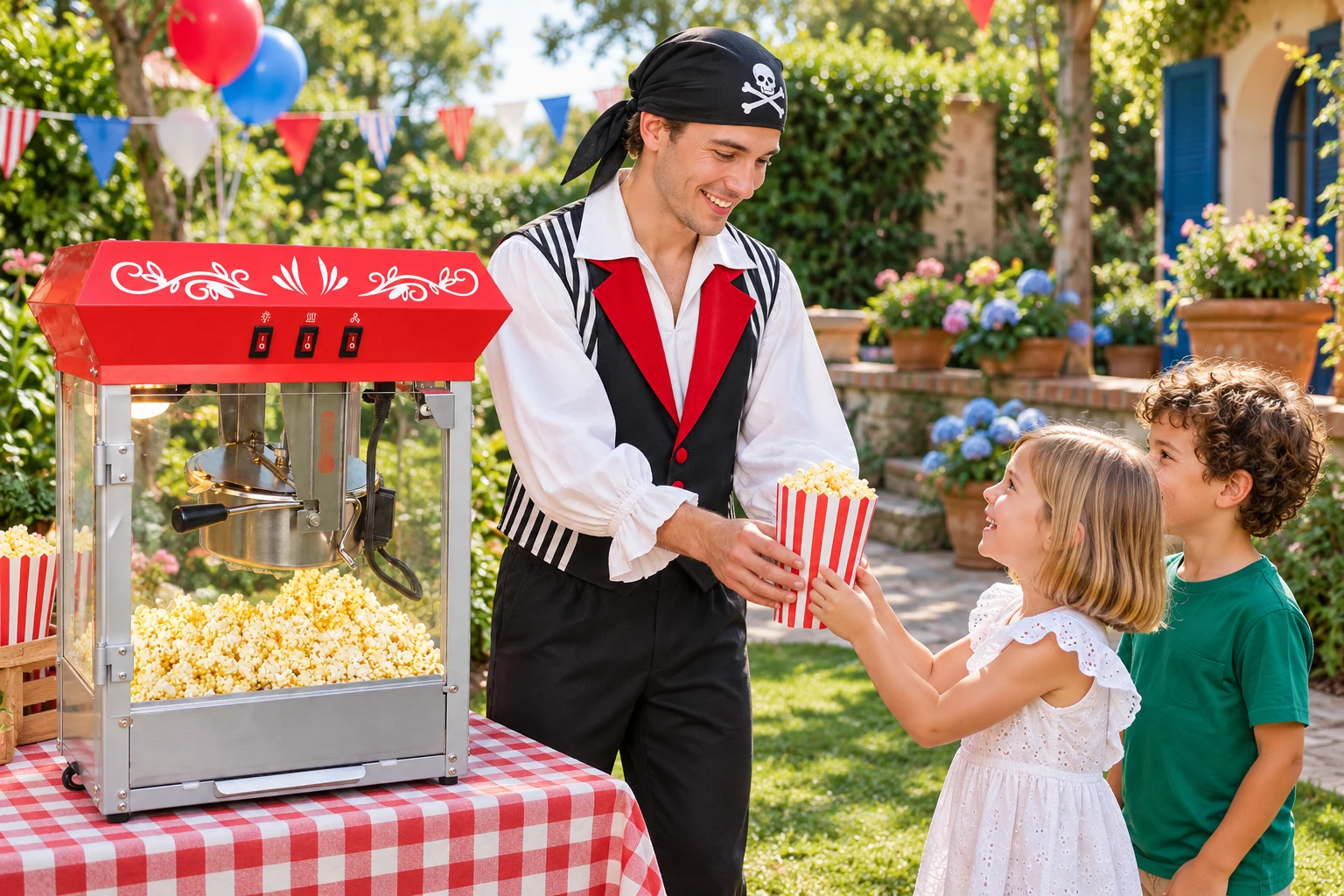 Animator în costumul Pirat, oferind popcorn copiilor, lângă aparatul de petrecere.