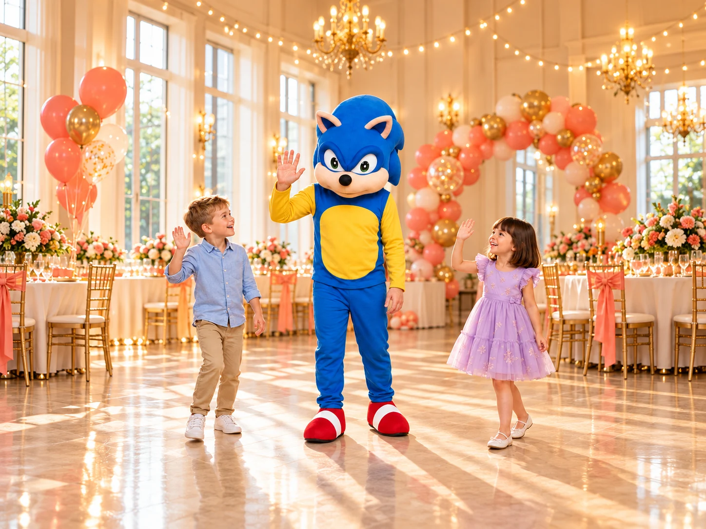 Animator în costumul Sonic cu mâneci galbene și pantofi roșii, alături de copii la petrecere.