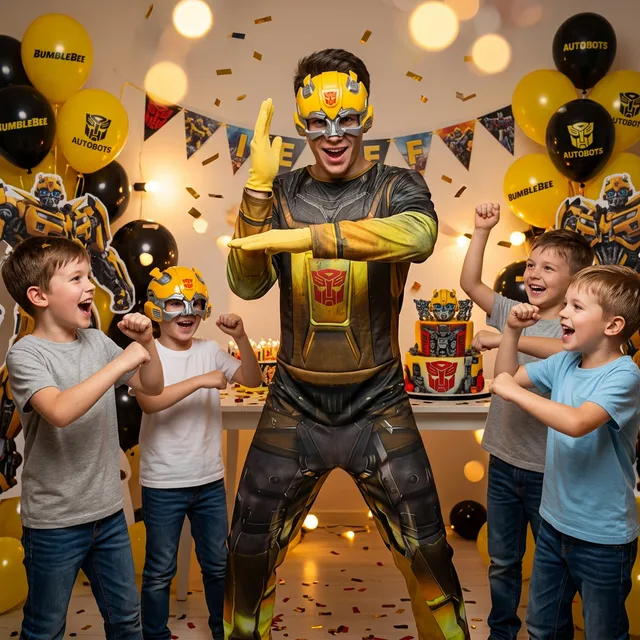 Costum textil galben-negru Bumblebee și mască parțială, cu gura interpretului vizibilă.