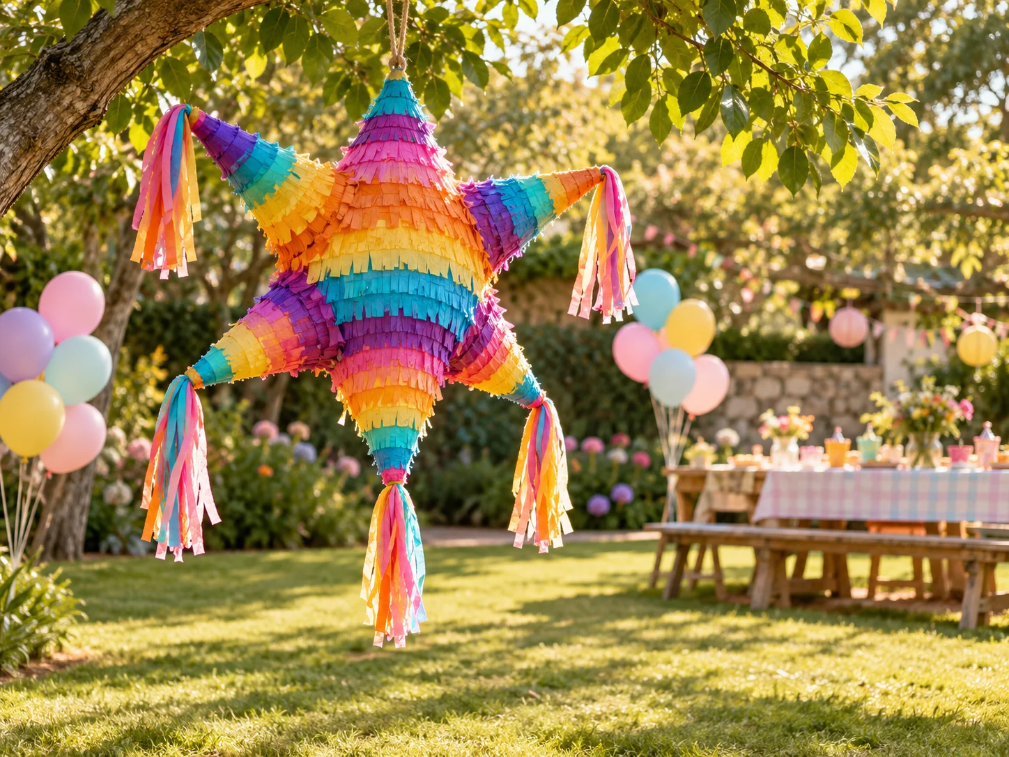 Piñata colorată în formă de stea, suspendată într-o grădină pentru petrecere.