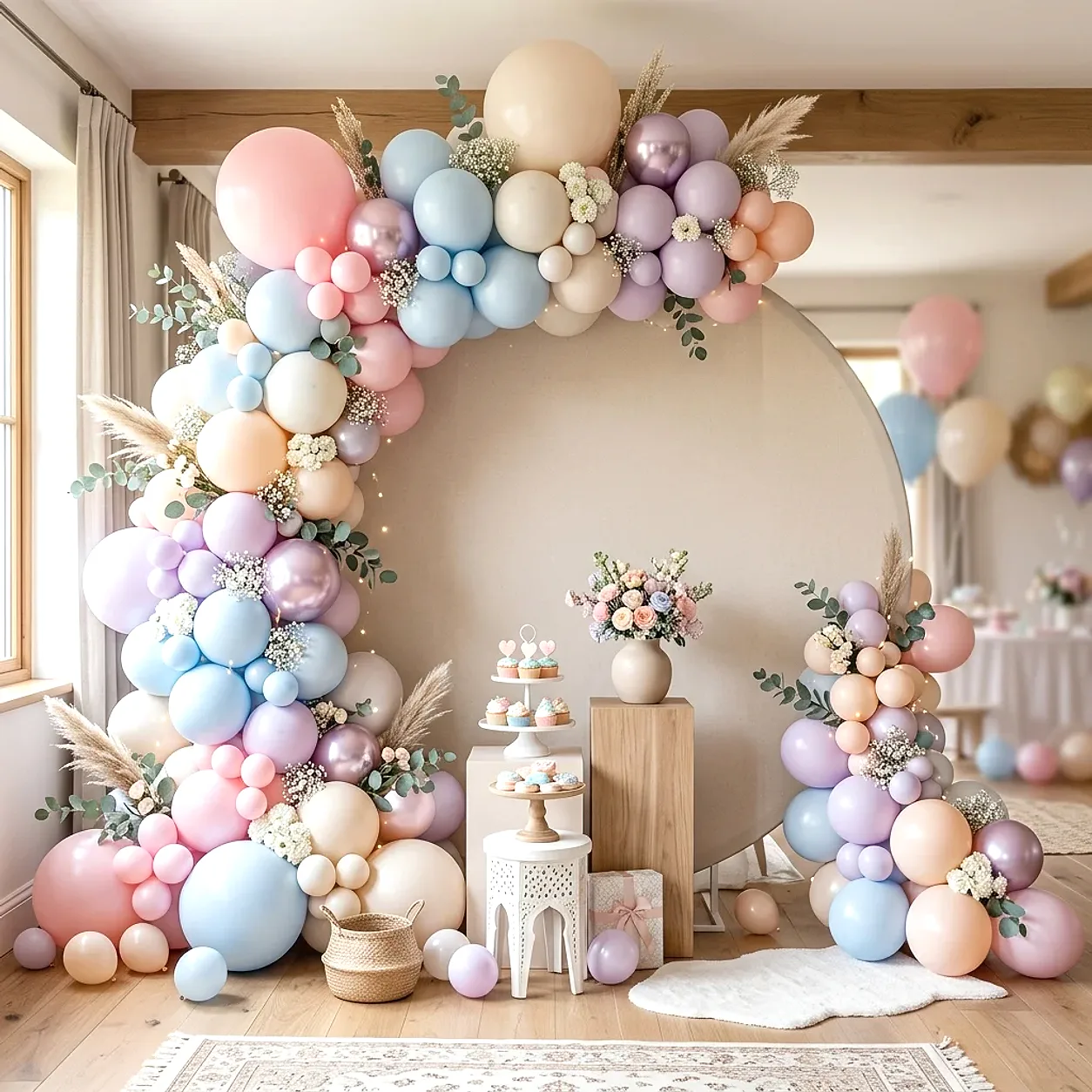 Panou rotund bej cu ghirlandă pastel roz/albastru/verde/crem și flori, lângă mese decorative.
