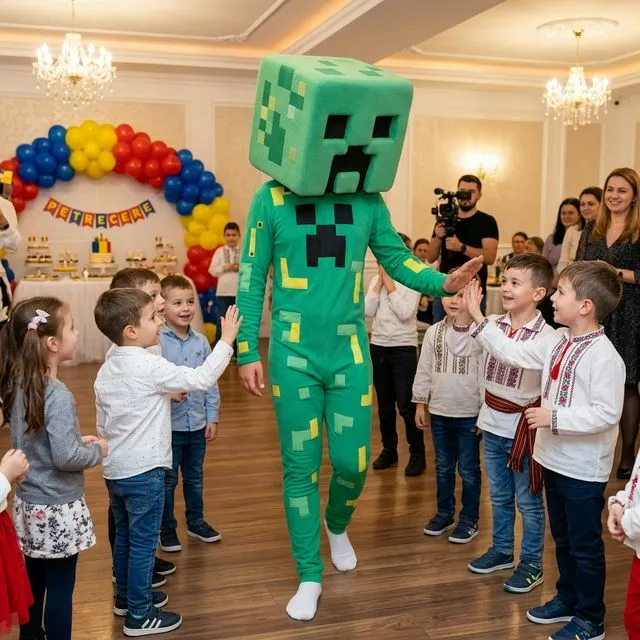 Mascotă Creeper verde, cu cap pătrat supradimensionat și costum geometric, lângă copii.